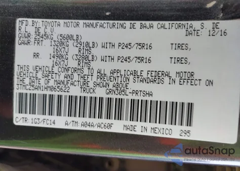 2017 Toyota Tacoma Sr5 V6 from USA, damaged, VIN 3TMCZ5AN1HM065622